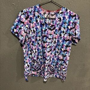 Divine Stretch Colorful Butterfly Print Scrub Top